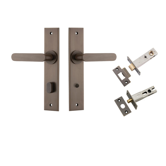 Door Lever Bronte  Chamfered Privacy Signature Brass CTC85mm L117xP55mm BPH240xW50mm Privacy Kit, Tube Latch Split Cam 'T' Striker Signature Brass Backset 60mm, Privacy Bolt Round Bolt Signature Brass Backset 60mm in Signature Brass