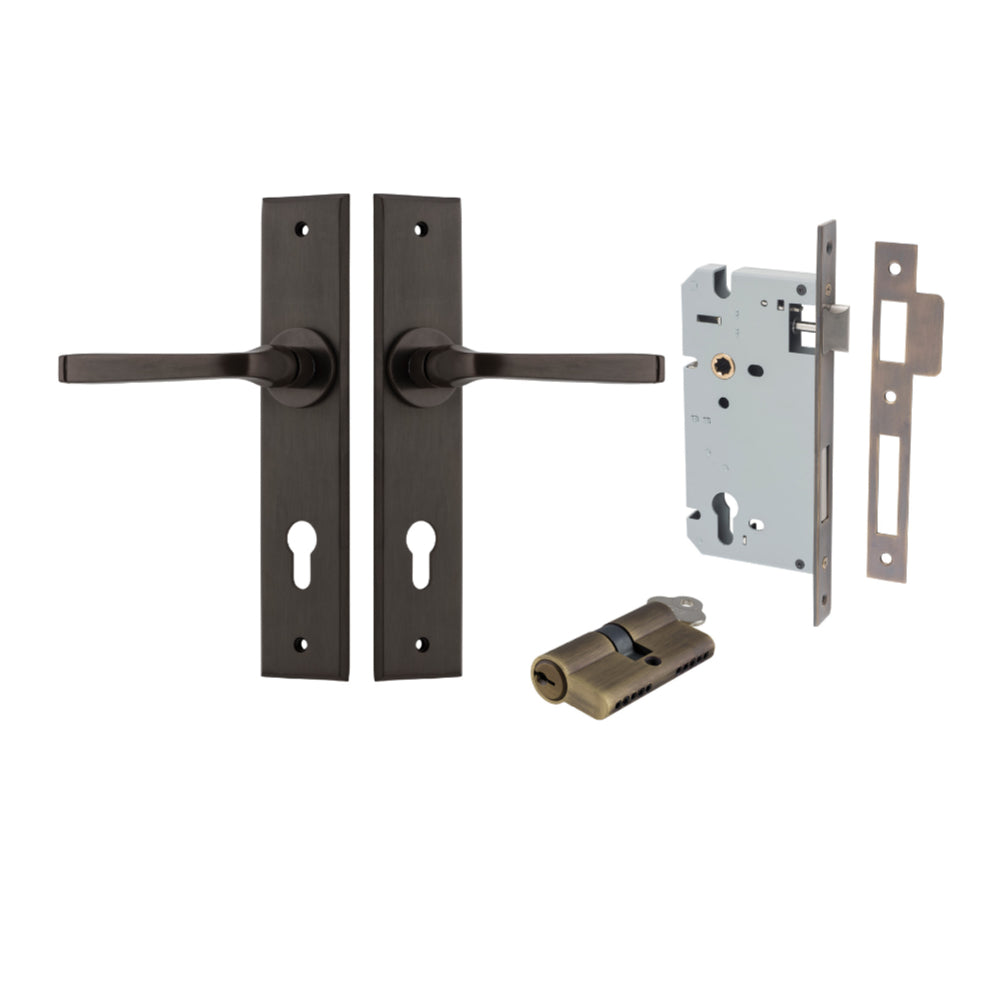 Pair of Iver Annecy lever door handles with chamfered backplate, showcasing sleek metal finish and modern design.