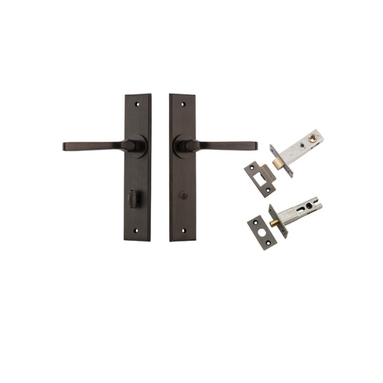 Door Lever Annecy Chamfered Privacy Signature Brass CTC85mm L117xP65mm BPH240xW50mm Privacy Kit Tube Latch Split Cam 'T' Striker Signature Brass Backset 60mm, Privacy Bolt Round Bolt Signature Brass Backset 60mm in Signature Brass