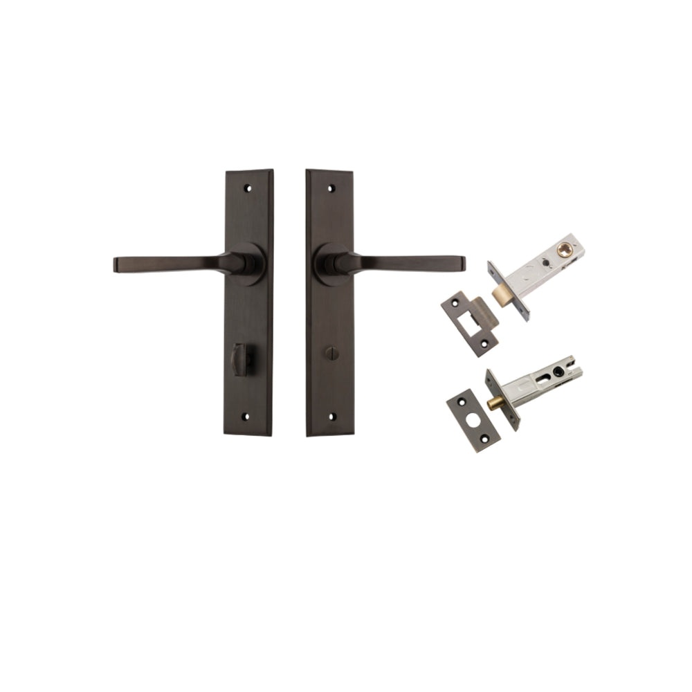 Pair of Iver Annecy lever door handles with chamfered backplates, featuring modern, sleek design and brushed finish.