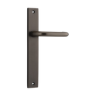 Pair of Iver Oslo lever handles on rectangular backplates, architectural hardware for doors, in polished metal finish.