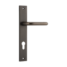 Pair of Iver Oslo Lever handles on rectangular backplates for architectural hardware, featuring sleek metallic finish.