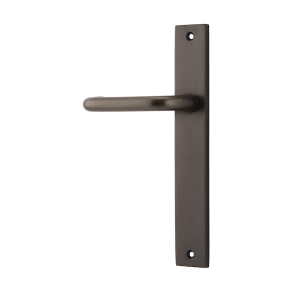 Pair of Iver Oslo Lever handles on rectangular backplates, architectural hardware for doors, with a sleek modern design.
