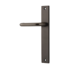 Pair of Iver Oslo Lever handles on rectangular backplates, architectural hardware for doors, with a sleek modern design.