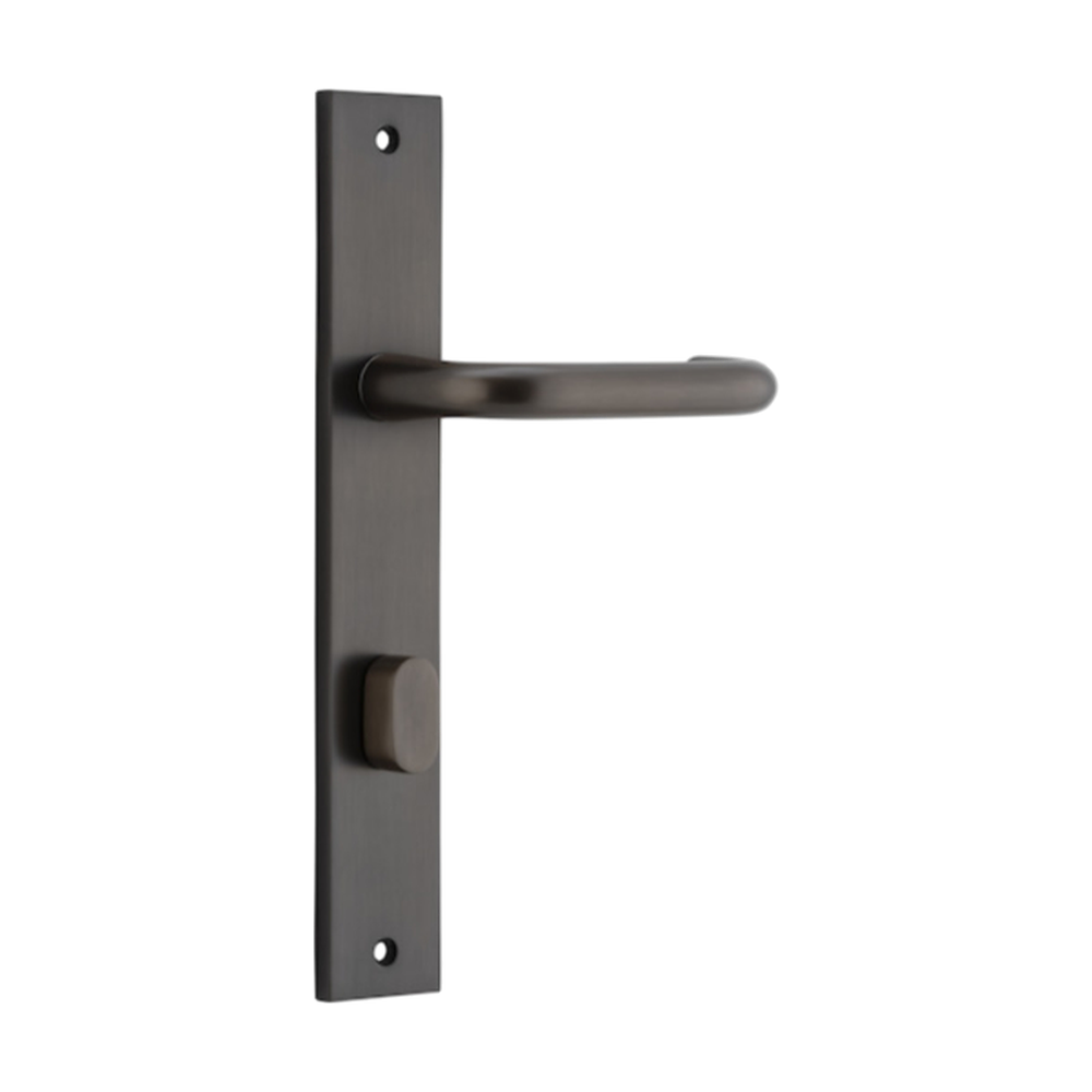 Pair of Iver Oslo Lever handles on rectangular backplates, architectural hardware for doors, with a sleek modern design.