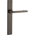 Pair of Iver Baltimore return lever door handles on rectangular backplates, showing polished metal finish and ergonomic design.