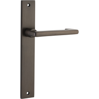 Pair of Iver Baltimore return lever door handles on rectangular backplates, showing polished metal finish and ergonomic design.