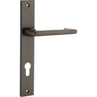 Pair of Iver Baltimore return lever handles on rectangular backplates, featuring a sleek, modern design for door hardware.
