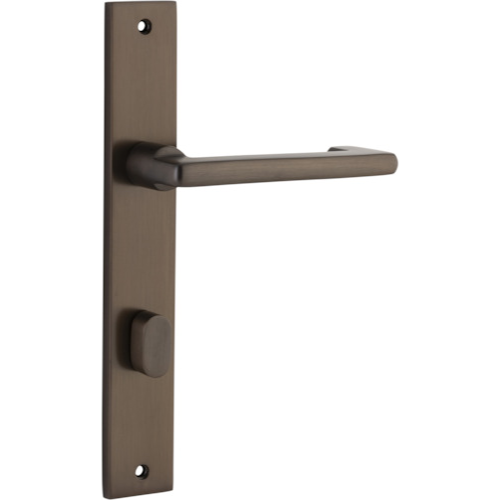 Pair of Iver Baltimore return levers with rectangular backplates, LHTR10848P85, featuring sleek, modern design and polished finish.