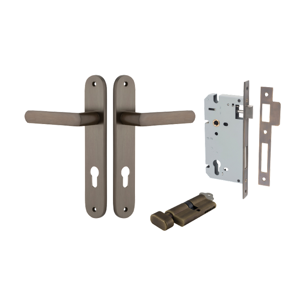 Door Lever Osaka Oval Euro Pair Signature Brass CTC85mm H240xW40xP55mm Entrance Kit Mortice Lock Euro Signature Brass CTC85mm Backset 60mm, Euro Cylinder Key Thumb 6 Pin Signature Brass L70mm KA1 in Signature Brass
