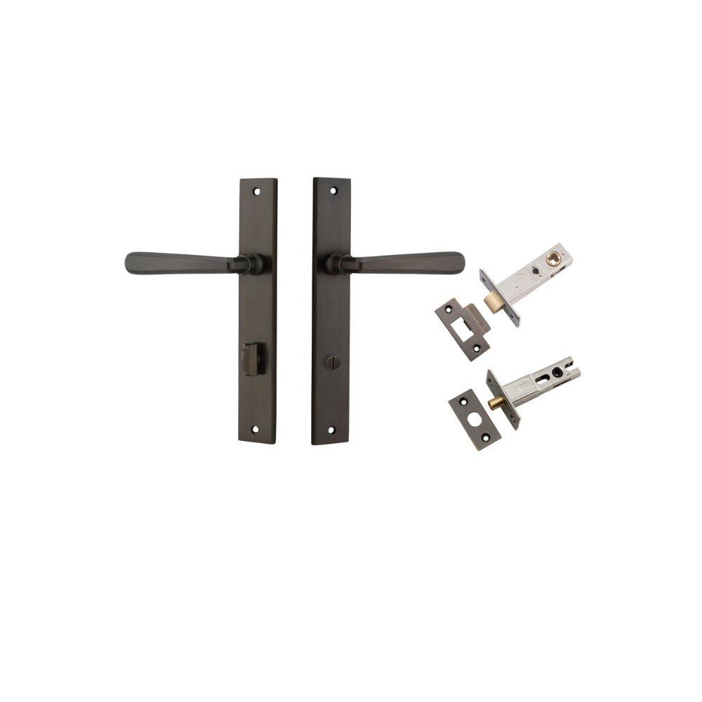 Door Lever Copenhagen Rectangular Privacy Pair Signature Brass CTC85mm H240xW38xP61mm Inbuilt Privacy Kit, Tube Latch Split Cam 'T' Striker Signature Brass Backset 60mm, Privacy Bolt Round Bolt Signature Brass Backset 60mm in Signature Brass