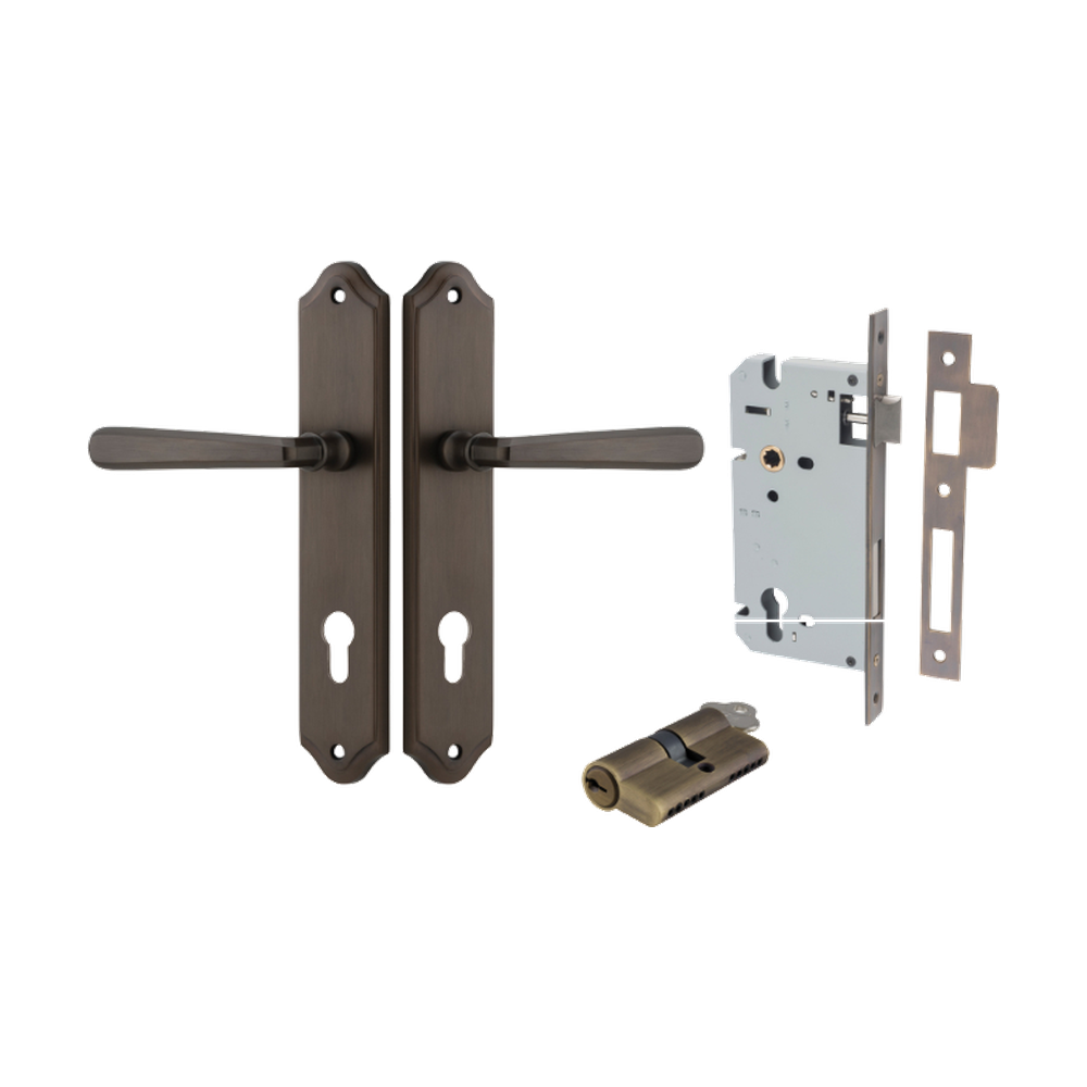 Door Lever Copenhagen Shouldered Euro Pair Signature Brass CTC85mm H250xW48xP61mm Entrance Kit Mortice Lock Euro Signature Brass CTC85mm Backset 60mm, Euro Cylinder Dual Function 5 Pin Signature Brass L65mm KA1 in Signature Brass