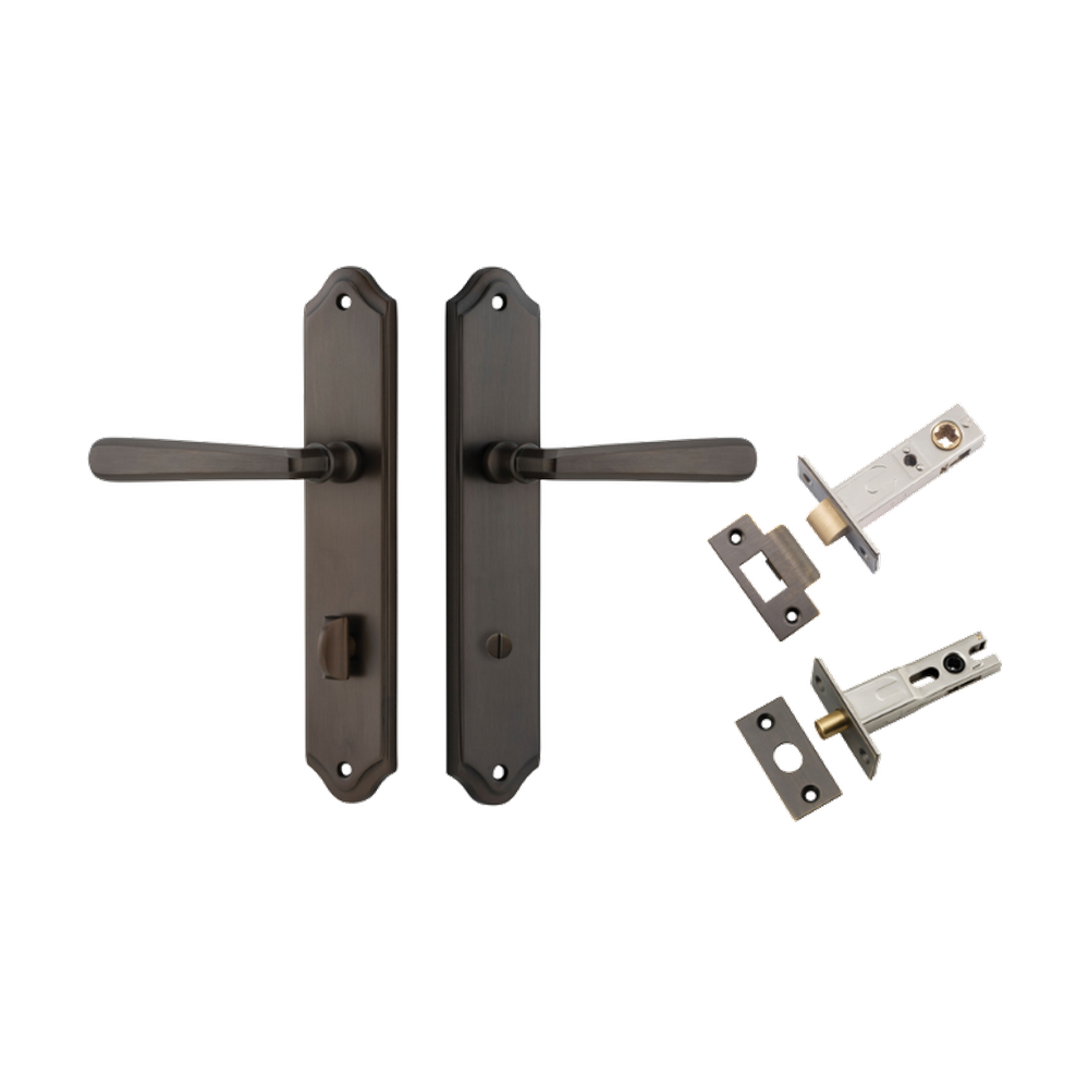 Door Lever Copenhagen Shouldered Privacy Pair Signature Brass CTC85mm H250xW48xP61mm Inbuilt Privacy Kit Tube Latch Split Cam 'T' Striker Signature Brass Backset 60mm, Privacy Bolt Round Bolt Signature Brass Backset 60mm in Signature Brass