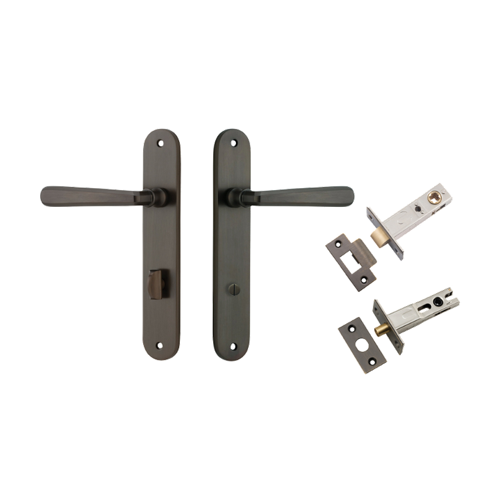 Door Lever Copenhagen Oval Privacy Pair Signature Brass CTC85mm H240xW40xP61mm Inbuilt Privacy Kit Tube Latch Split Cam 'T' Striker Signature Brass Backset 60mm, Privacy Bolt Round Bolt Signature Brass Backset 60mm in Signature Brass
