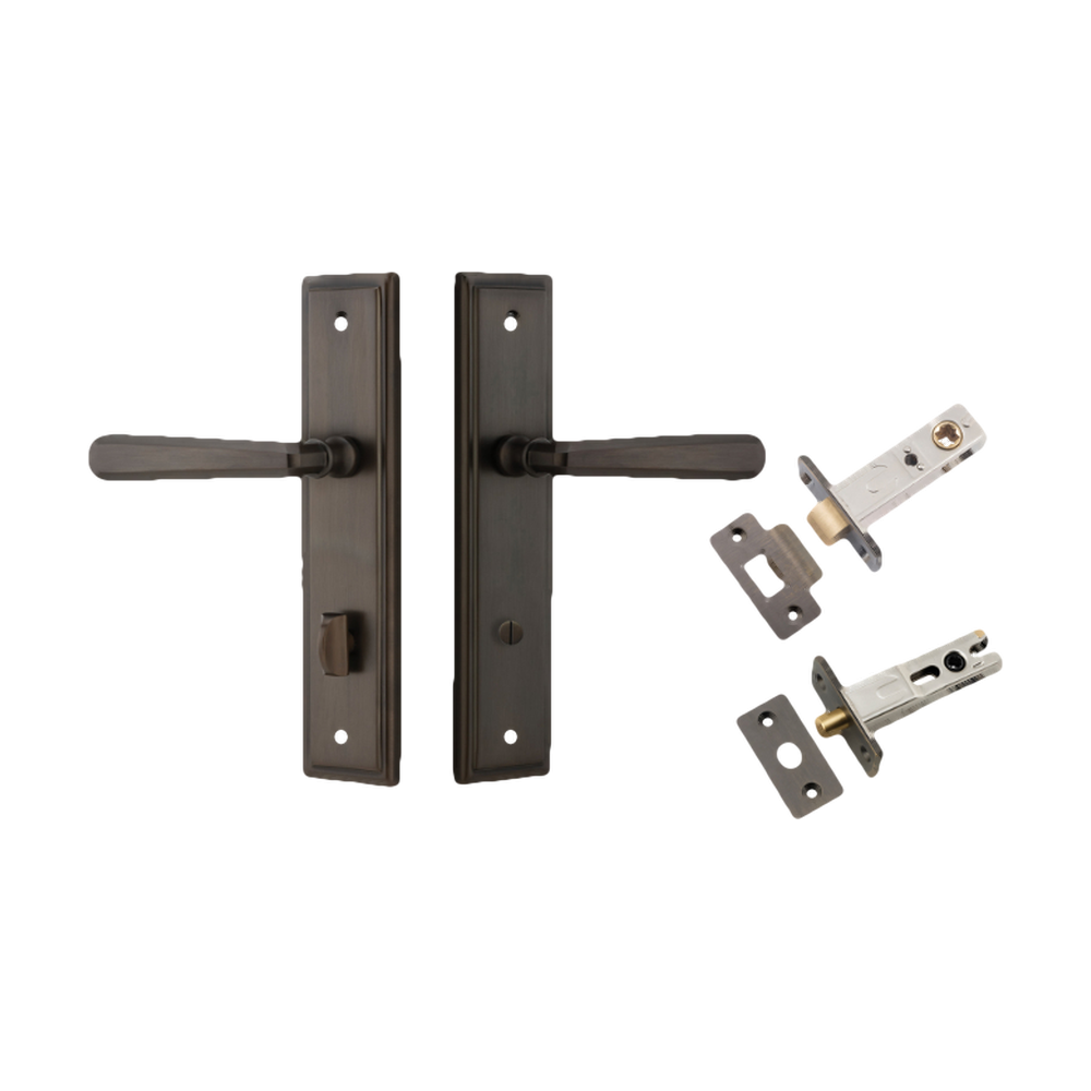 Door Lever Copenhagen Stepped Privacy Pair Signature Brass CTC85mm H237xW50xP61mm Inbuilt Privacy Kit Tube Latch Split Cam 'T' Striker Signature Brass Backset 60mm, Privacy Bolt Round Bolt Signature Brass Backset 60mm in Signature Brass