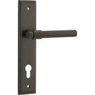 Pair of Iver Helsinki lever door handles on stepped backplates, featuring modern brushed metal finish and sleek design.