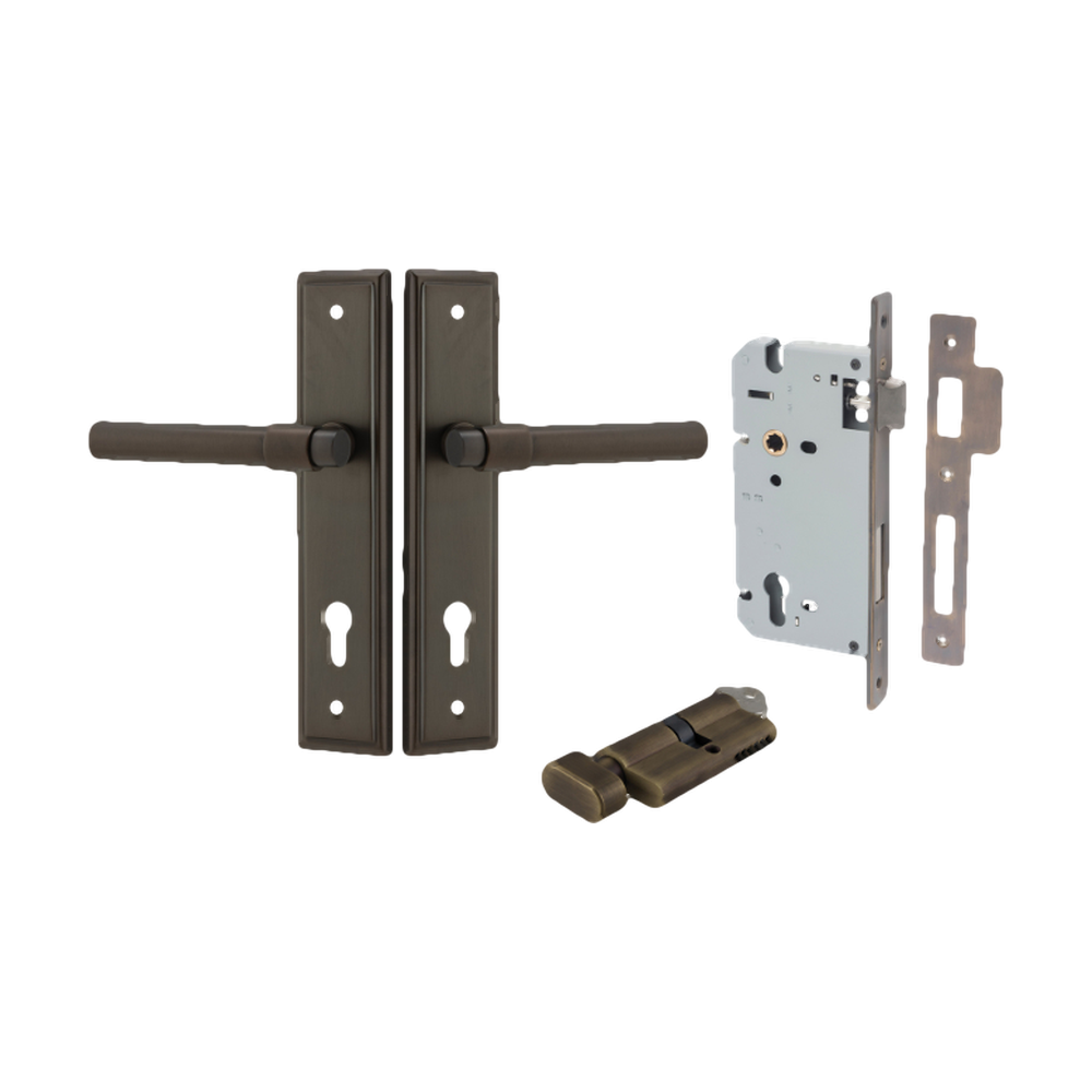 Door Lever Helsinki Stepped Euro Pair Signature Brass CTC85mm H237xW50xP44mm Entrance Kit Mortice Lock Euro Signature Brass CTC85mm Backset 60mm, Euro Cylinder Key Thumb 6 Pin Signature Brass L70mm KA1 in Signature Brass