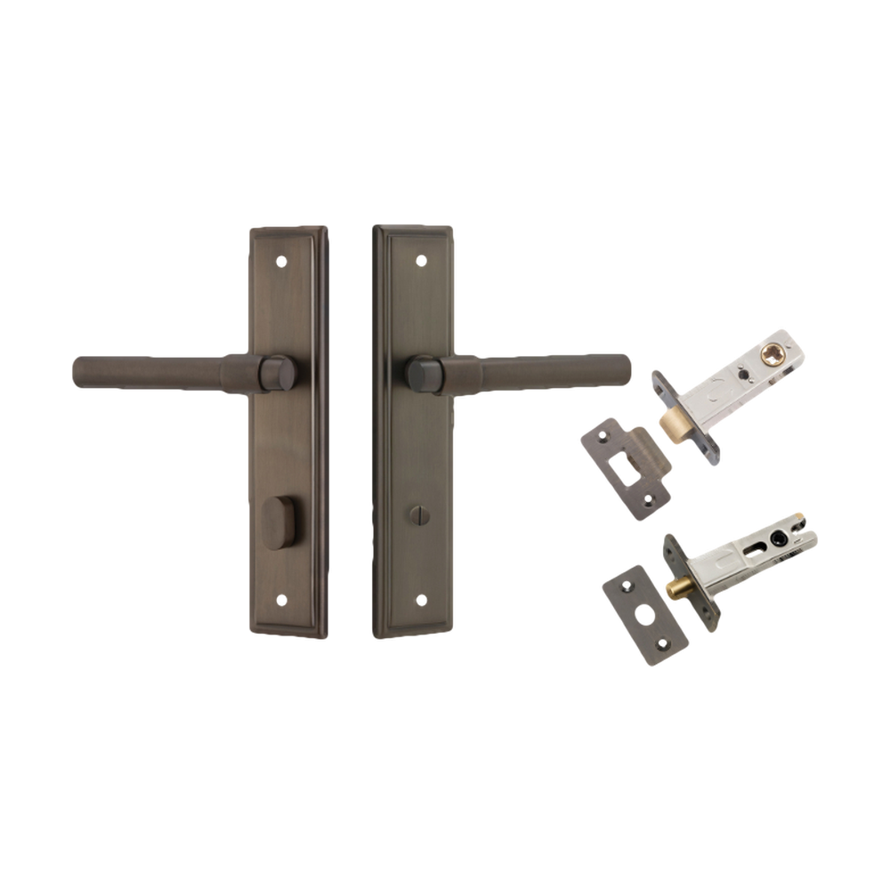 Door Lever Helsinki Stepped Privacy Pair Signature Brass CTC85mm H237xW50xP44mm Privacy Kit Tube Latch Split Cam 'T' Striker Signature Brass Backset 60mm, Privacy Bolt Round Bolt Signature Brass Backset 60mm in Signature Brass