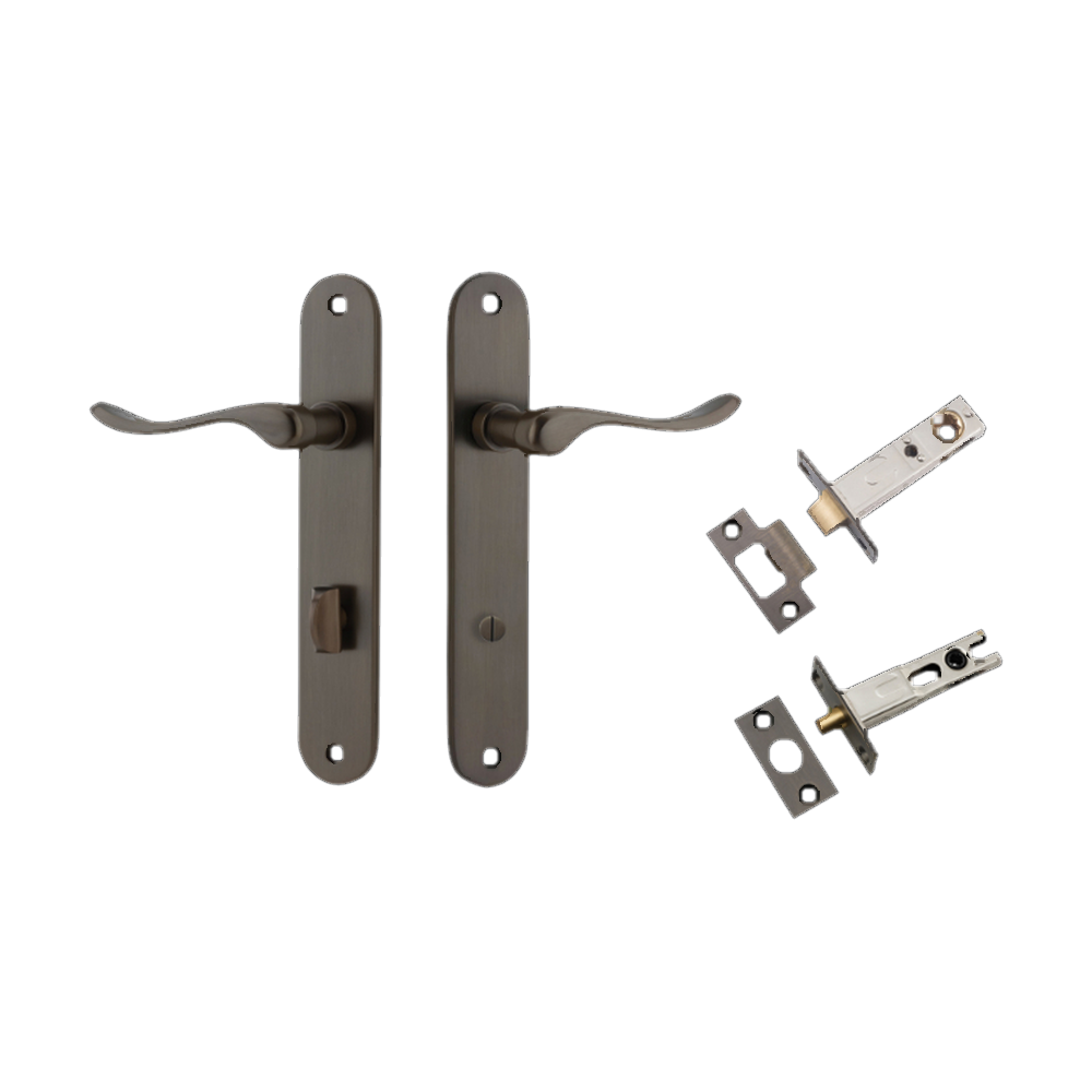 Door Lever Stirling Oval Privacy Pair Signature Brass CTC85mm H240xW40xP64mm Privacy Kit Tube Latch Split Cam 'T' Striker Signature Brass Backset 60mm, Privacy Bolt Round Bolt Signature Brass Backset 60mm in Signature Brass