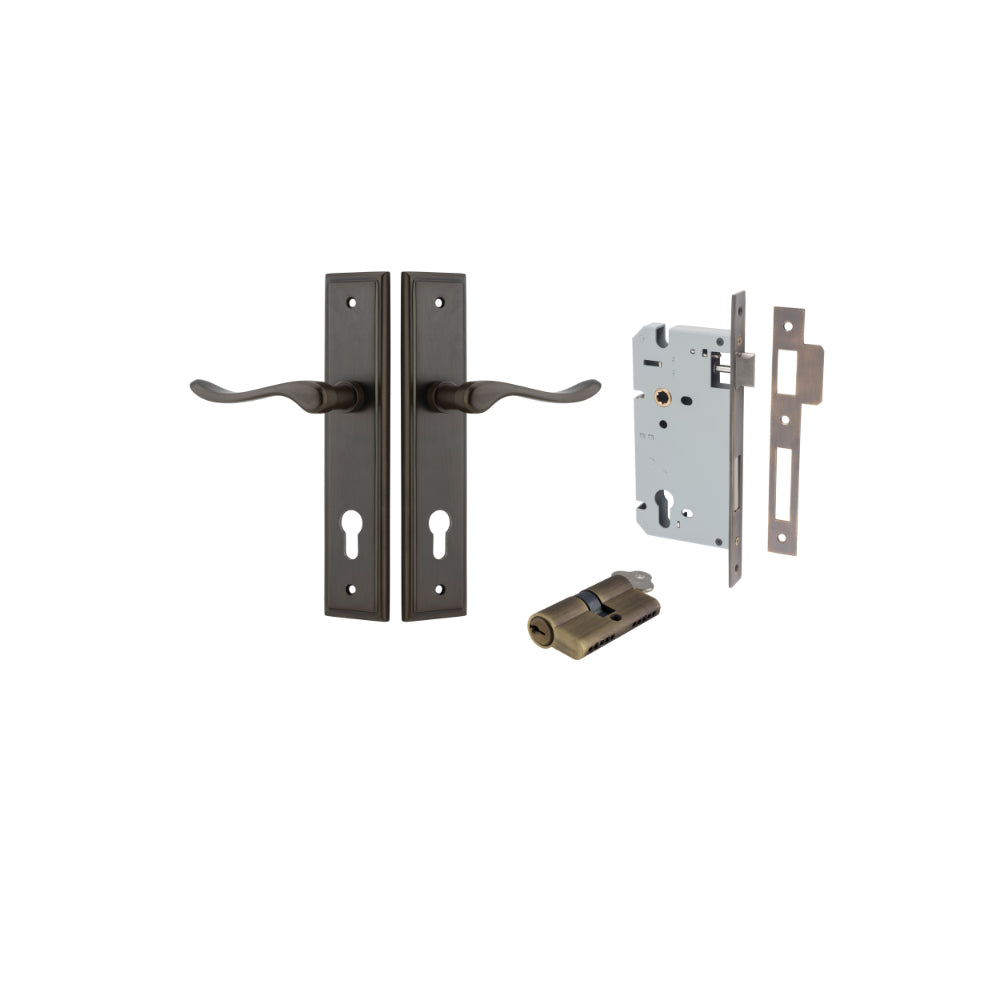 Door Lever Stirling Stepped Euro Pair Signature Brass CTC85mm H237xW50xP64mm Entrance Kit Mortice Lock Euro Signature Brass CTC85mm Backset 60mm, Euro Cylinder Dual Function 5 Pin Signature Brass L65mm KA1 in Signature Brass