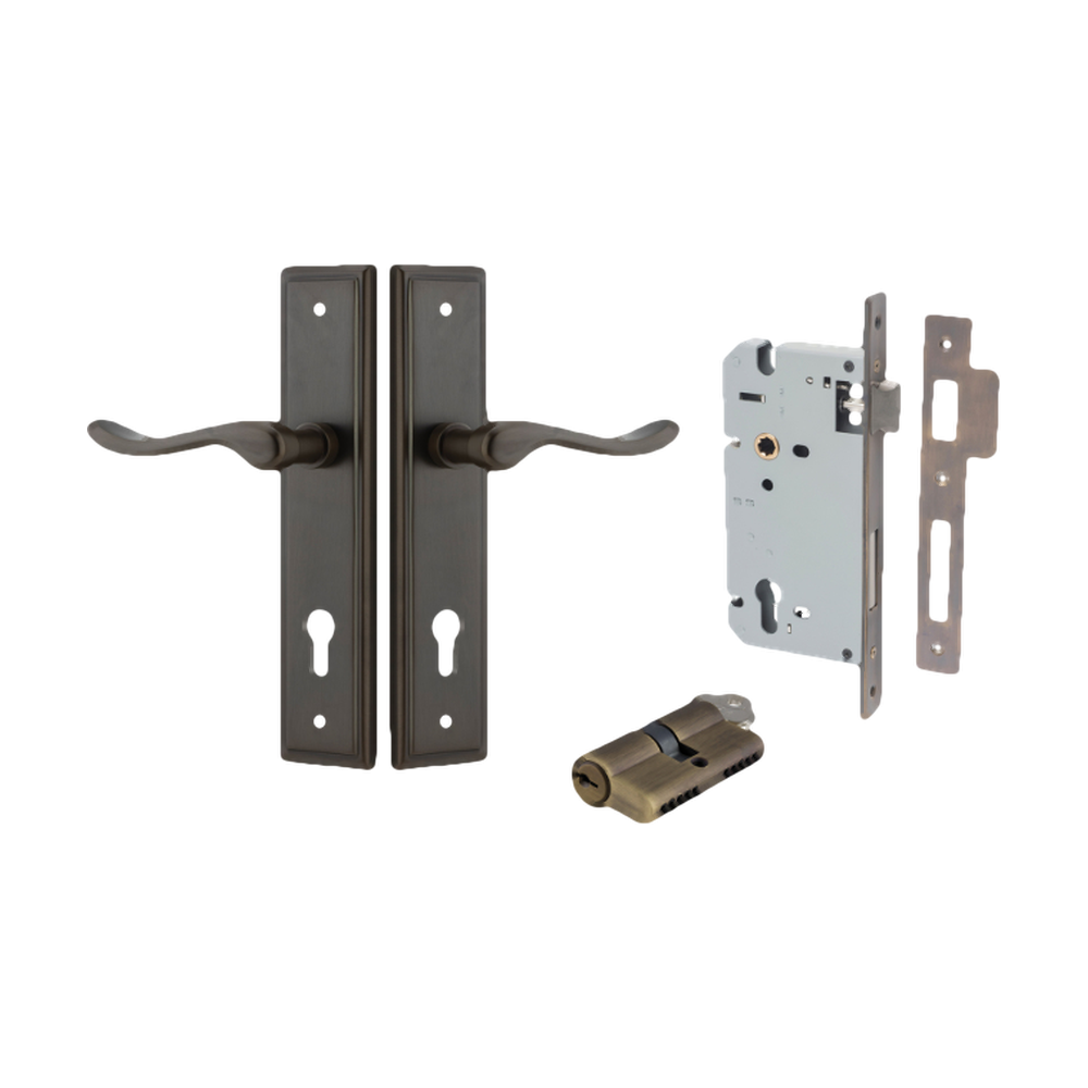 Door Lever Stirling Stepped Euro Pair Signature Brass CTC85mm H237xW50xP64mm Entrance Kit Mortice Lock Euro Signature Brass CTC85mm Backset 60mm, Euro Cylinder Dual Function 5 Pin Signature Brass L65mm KA1 in Signature Brass