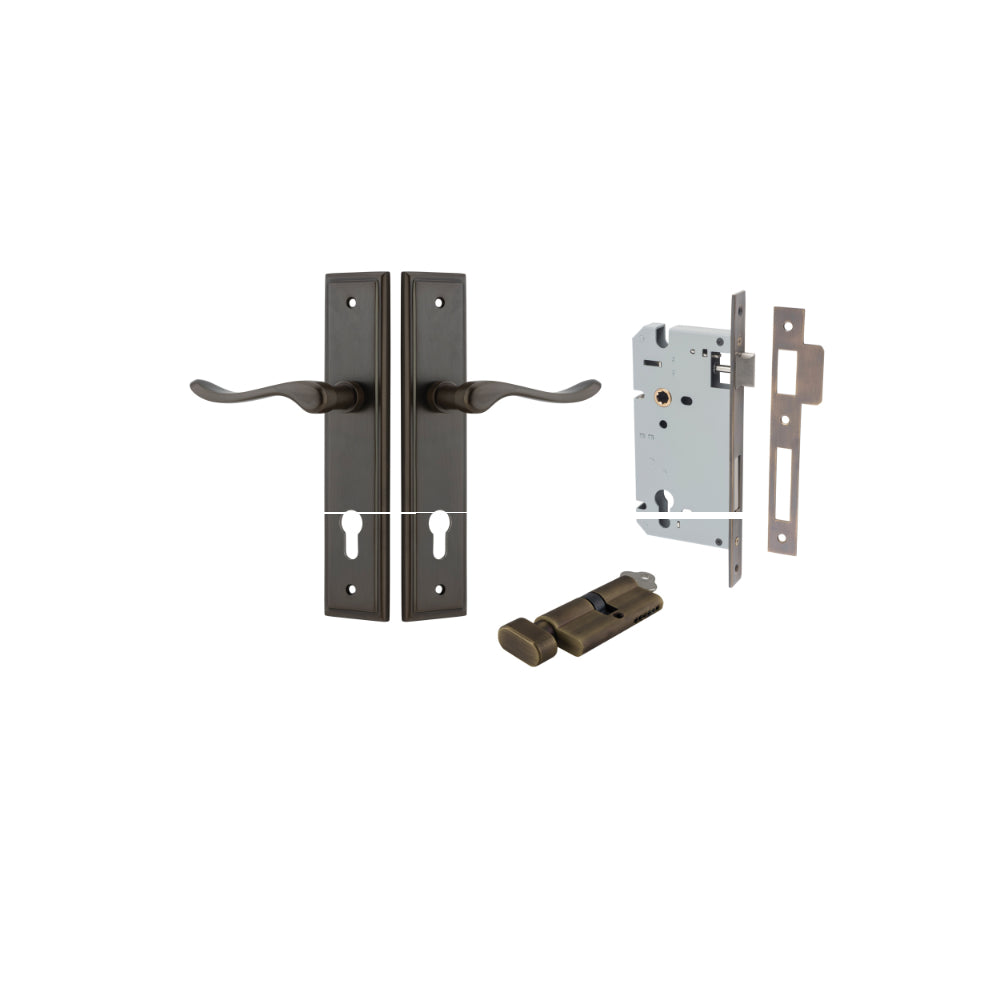 Door Lever Stirling Stepped Euro Pair Signature Brass CTC85mm H237xW50xP64mm Entrance Kit Mortice Lock Euro Signature Brass CTC85mm Backset 60mm, Euro Cylinder Key Thumb 6 Pin Signature Brass L70mm KA1 in Signature Brass