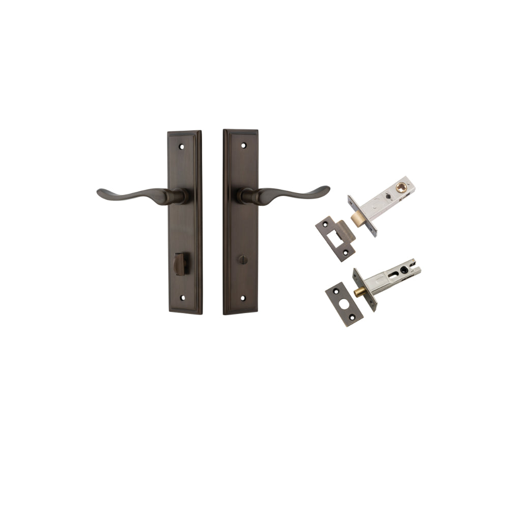 Door Lever Stirling Stepped Privacy Pair Signature Brass CTC85mm H237xW50xP64mm Privacy Kit Tube Latch Split Cam 'T' Striker Signature Brass Backset 60mm, Privacy Bolt Round Bolt Signature Brass Backset 60mm in Signature Brass
