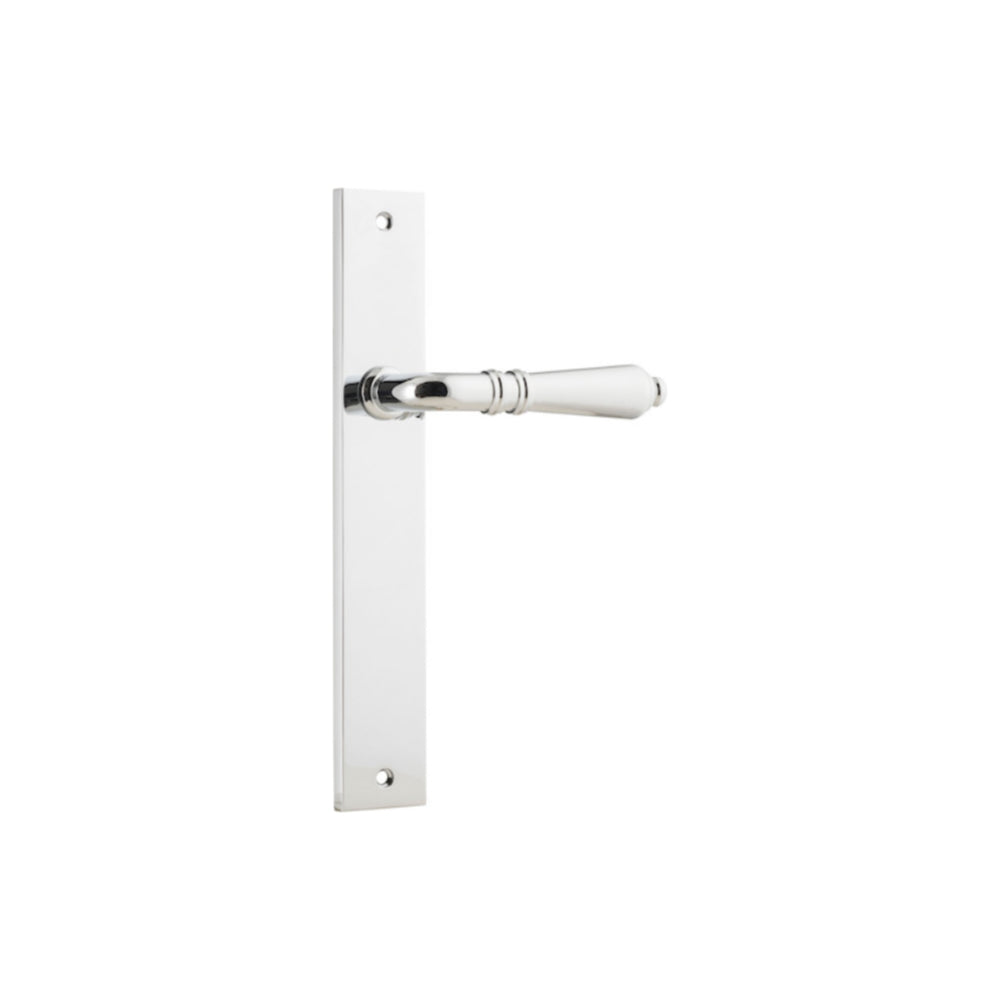 Pair of Iver Sarlat lever door handles on rectangular backplates, featuring a sleek, modern design for interior doors.