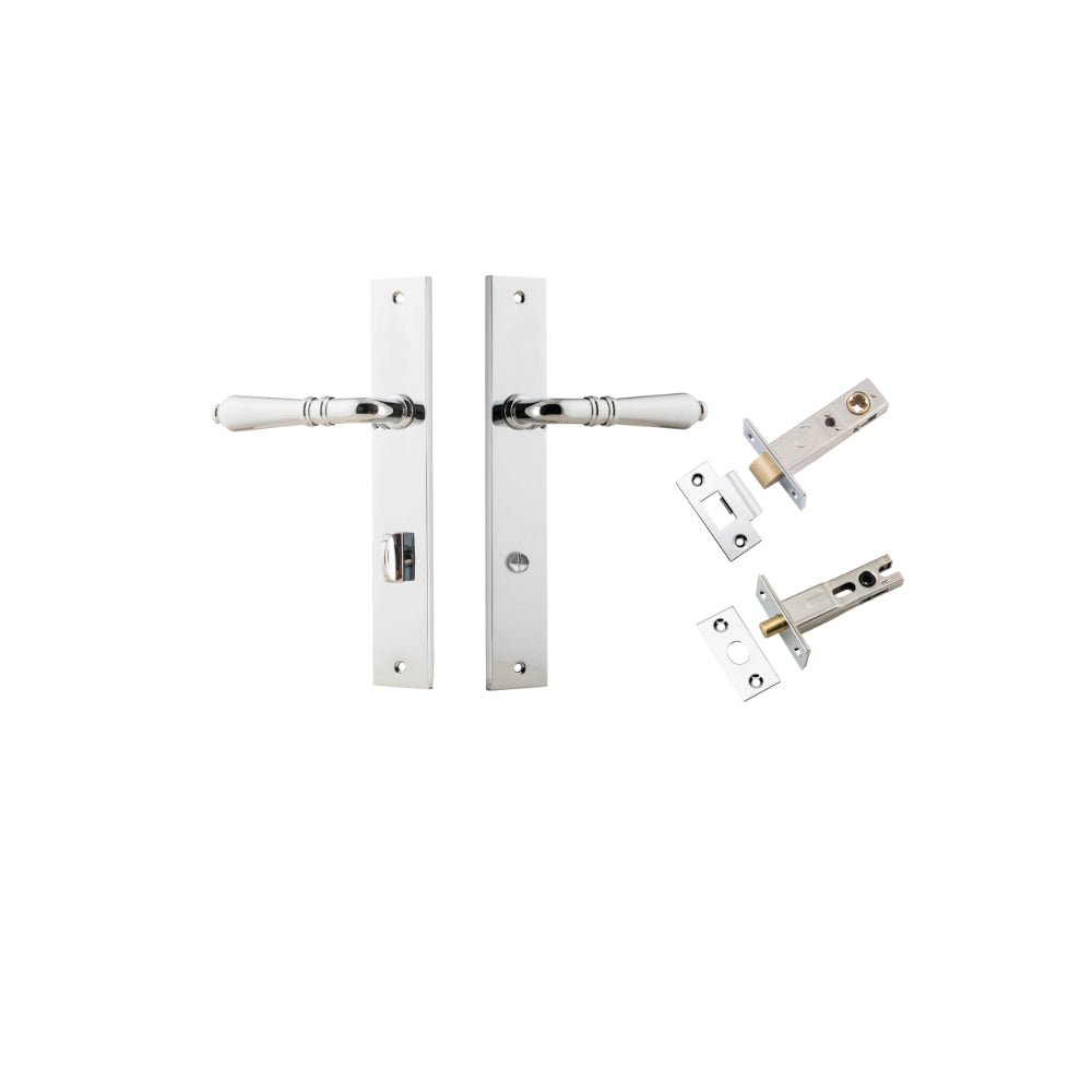 Pair of Iver Sarlat lever door handles with rectangular backplates, showcasing elegant brass finish and sleek modern design.