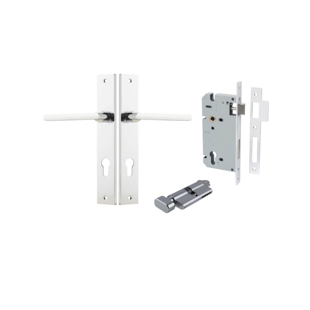 Pair of Iver Baltimore lever door handles on rectangular backplates, featuring a sleek modern design in a polished finish.
