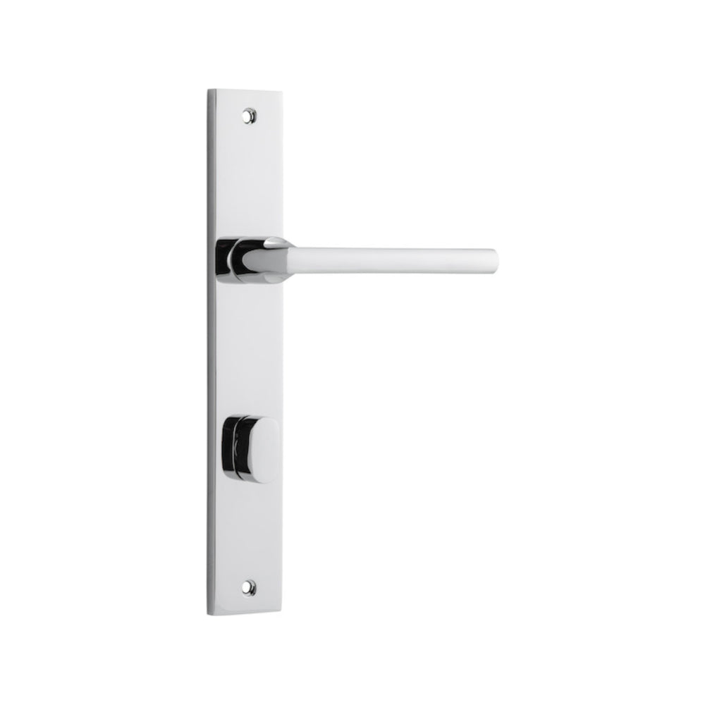 Pair of Iver Baltimore lever door handles on rectangular backplates, featuring a modern, sleek design in a polished finish.