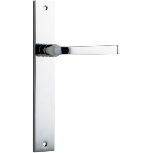 Pair of Iver Annecy lever door handles with rectangular backplates, featuring a sleek, modern design for stylish interior doors.