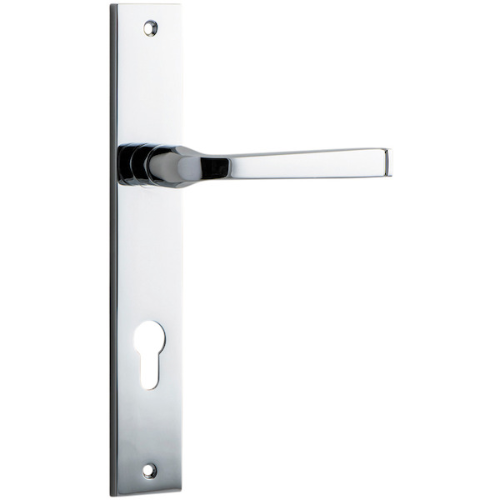 Pair of Iver Annecy lever door handles with rectangular backplates, showcasing a sleek modern design in polished finish.