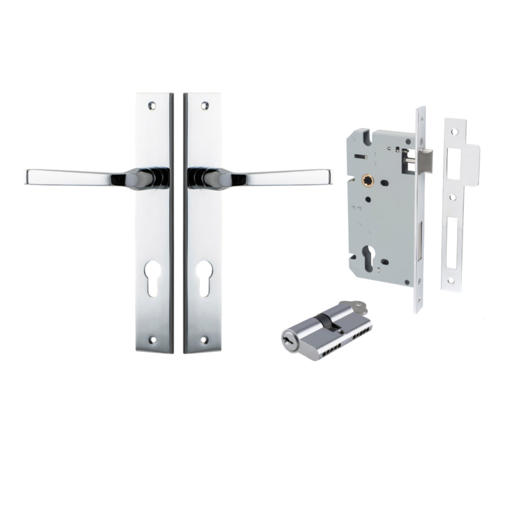 Pair of Iver Annecy lever door handles on rectangular backplates, featuring a sleek, modern design in a polished finish.
