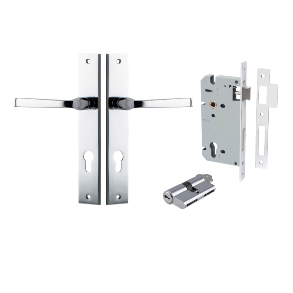 Door Lever Annecy Rectangular Euro Polished Chrome CTC85mm H240xW38xP65mm Entrance Kit, Mortice Lock Euro Polished Chrome CTC85mm Backset 60mm, Euro Cylinder Dual Function 5 Pin Polished Chrome L65mm KA1 in Polished Chrome