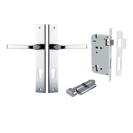 Door Lever Annecy Rectangular Euro Polished Chrome CTC85mm H240xW38xP65mm Entrance Kit, Mortice Lock Euro Polished Chrome CTC85mm Backset 60mm, Euro Cylinder Key Thumb 6 Pin Polished Chrome L70mm KA1 in Polished Chrome