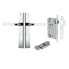 Door Lever Annecy Rectangular Euro Polished Chrome CTC85mm H240xW38xP65mm Entrance Kit, Mortice Lock Euro Polished Chrome CTC85mm Backset 60mm, Euro Cylinder Key Thumb 6 Pin Polished Chrome L70mm KA1 in Polished Chrome