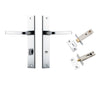 Door Lever Annecy Rectangular Privacy Polished Chrome CTC85mm H240xW38xP65mm Inbuilt Privacy Kit, Tube Latch Split Cam 'T' Striker Polished Chrome Backset 60mm, Privacy Bolt Round Bolt Polished Chrome Backset 60mm in Polished Chrome