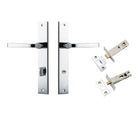 Door Lever Annecy Rectangular Privacy Polished Chrome CTC85mm H240xW38xP65mm Inbuilt Privacy Kit, Tube Latch Split Cam 'T' Striker Polished Chrome Backset 60mm, Privacy Bolt Round Bolt Polished Chrome Backset 60mm in Polished Chrome