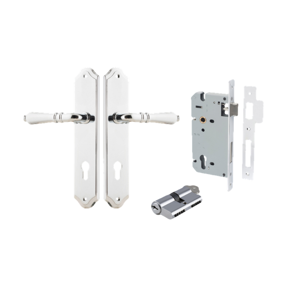 Door Lever Sarlat Shouldered Euro Polished Chrome CTC85mm H250xW48xP57mm Entrance Kit Mortice Lock Euro Polished Chrome CTC85mm Backset 60mm, Euro Cylinder Dual Function 5 Pin Polished Chrome L65mm KA1 in Polished Chrome