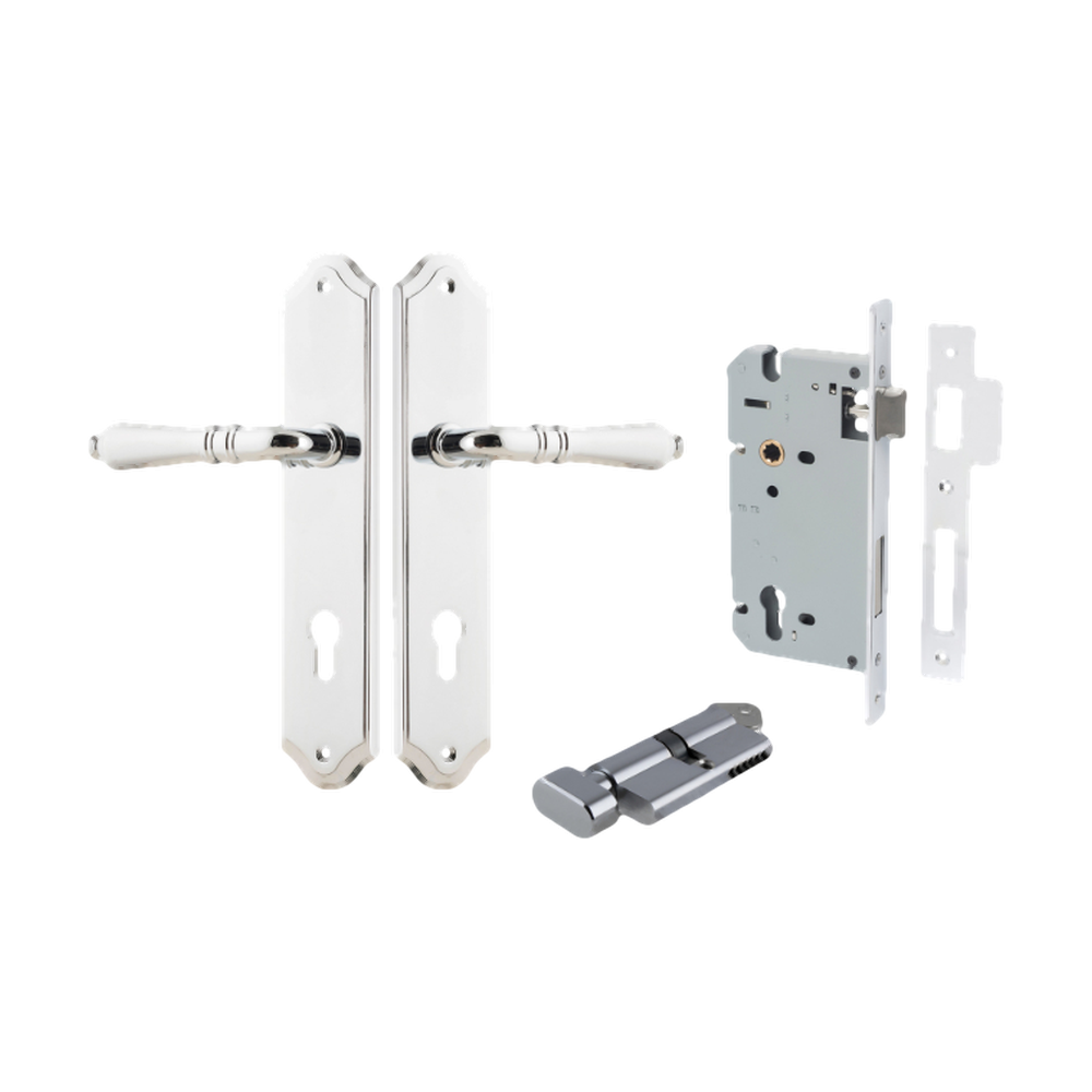 Door Lever Sarlat Shouldered Euro Polished Chrome CTC85mm H250xW48xP57mm Entrance Kit Mortice Lock Euro Polished Chrome CTC85mm Backset 60mm, Euro Cylinder Key Thumb 6 Pin Polished Chrome L70mm KA1 in Polished Chrome