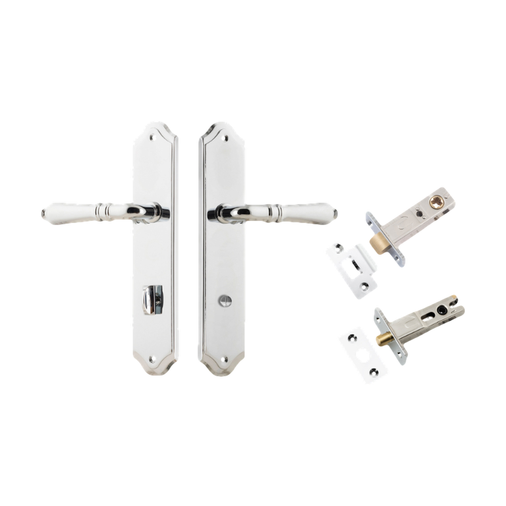 Door Lever Sarlat Shouldered Privacy Polished Chrome CTC85mm H250xW48xP57mm Privacy Kit Tube Latch Split Cam 'T' Striker Polished Chrome Backset 60mm, Privacy Bolt Round Bolt Polished Chrome Backset 60mm in Polished Chrome