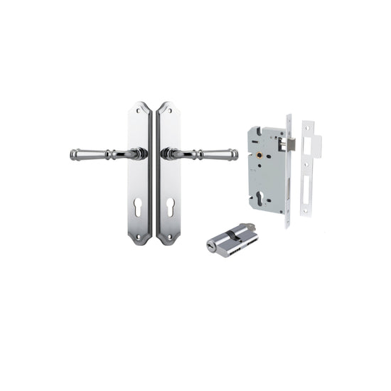 Door Lever Verona Shouldered Euro Polished Chrome CTC85mm H240xW50xP59mm Entrance Kit Mortice Lock Euro Polished Chrome CTC85mm Backset 60mm, Euro Cylinder Dual Function 5 Pin Polished Chrome L65mm KA1 in Polished Chrome