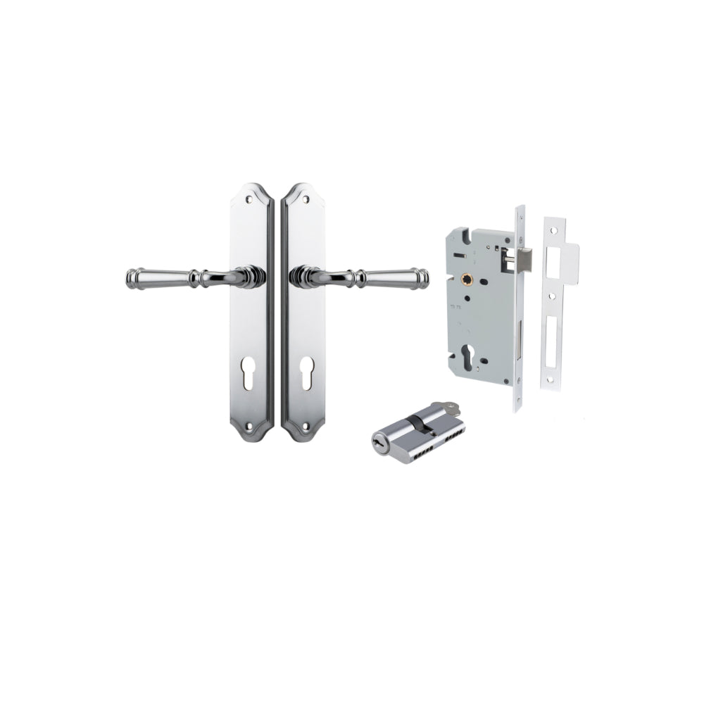 Door Lever Verona Shouldered Euro Polished Chrome CTC85mm H240xW50xP59mm Entrance Kit Mortice Lock Euro Polished Chrome CTC85mm Backset 60mm, Euro Cylinder Dual Function 5 Pin Polished Chrome L65mm KA1 in Polished Chrome