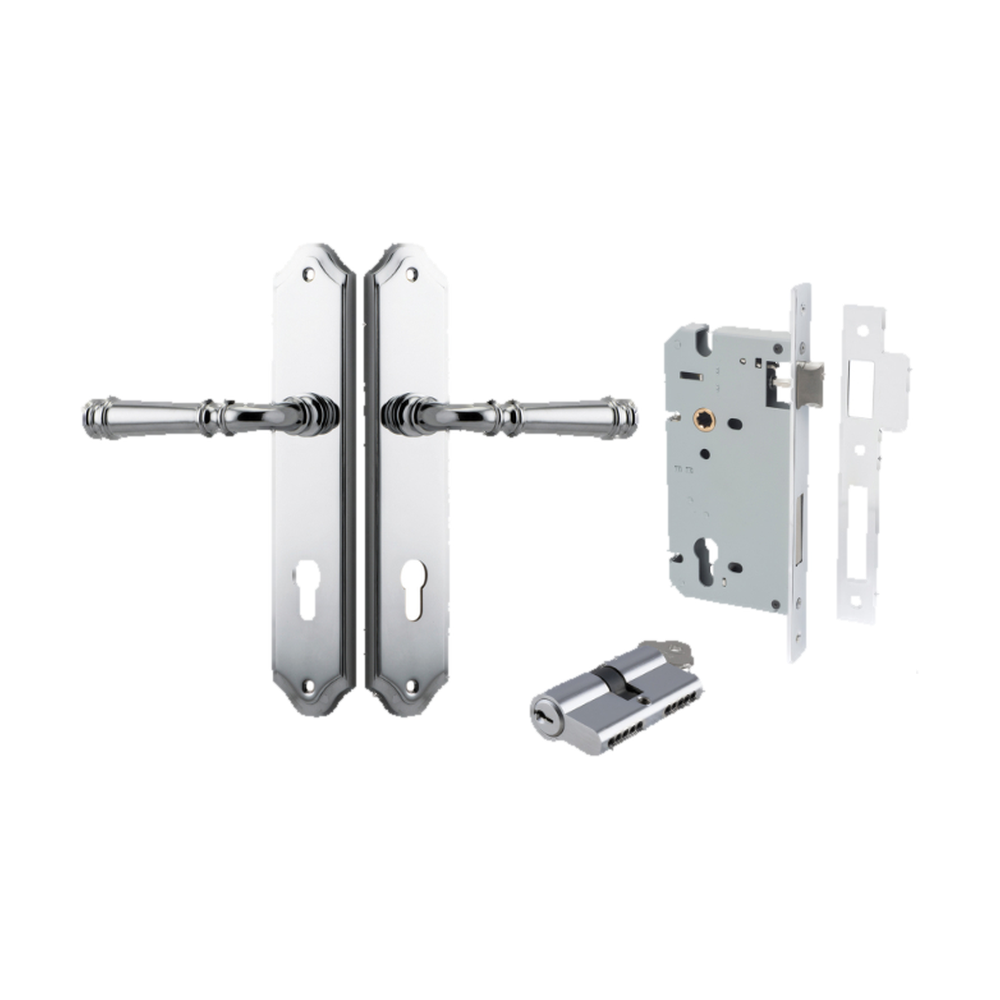 Door Lever Verona Shouldered Euro Polished Chrome CTC85mm H240xW50xP59mm Entrance Kit Mortice Lock Euro Polished Chrome CTC85mm Backset 60mm, Euro Cylinder Dual Function 5 Pin Polished Chrome L65mm KA1 in Polished Chrome