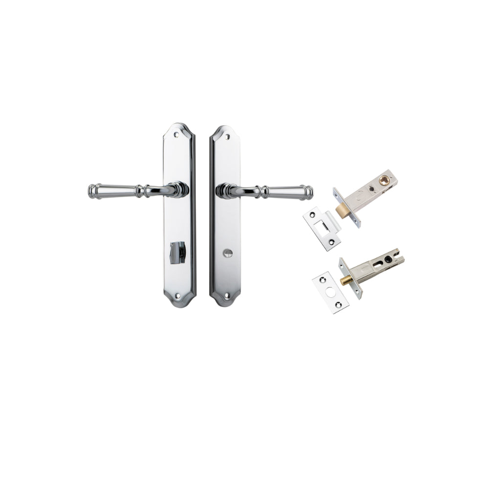Door Lever Verona Shouldered Privacy Polished Chrome CTC85mm H240xW50xP59mm Inbuilt Privacy Kit Tube Latch Split Cam 'T' Striker Polished Chrome Backset 60mm, Privacy Bolt Round Bolt Polished Chrome Backset 60mm in Polished Chrome
