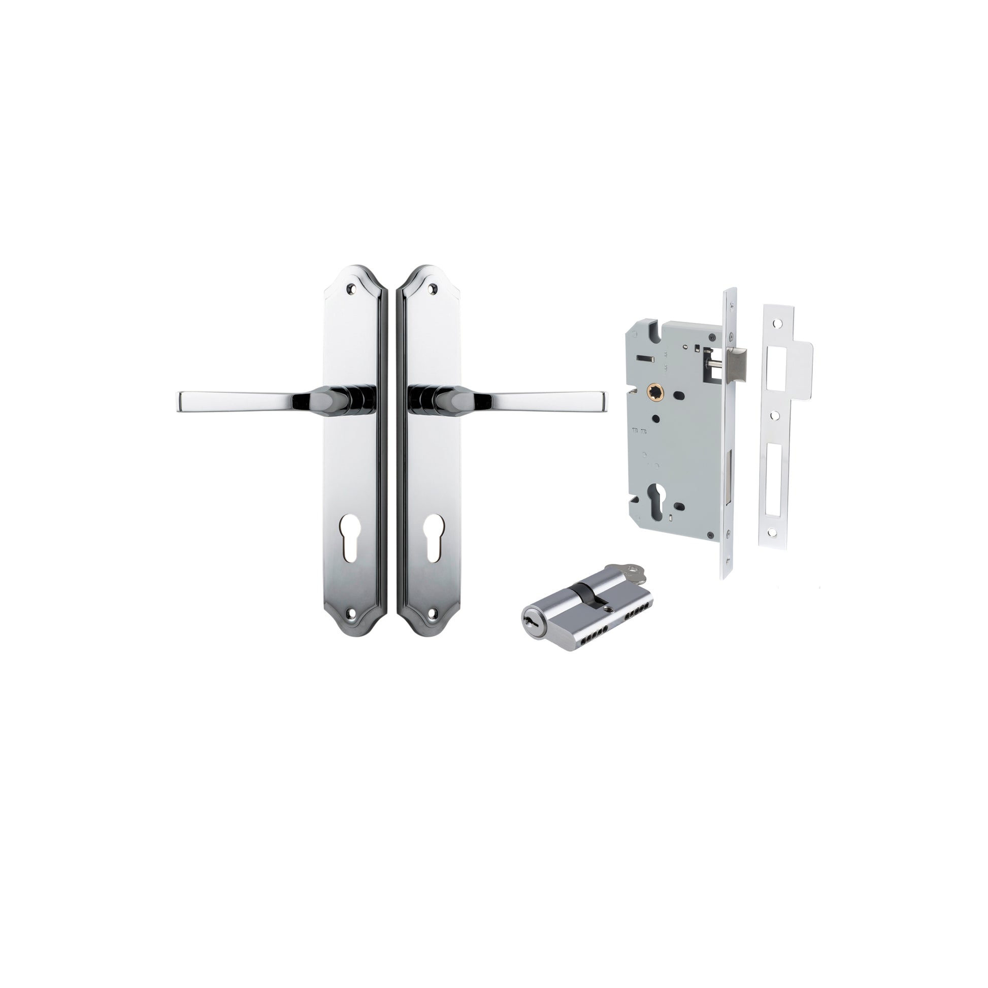 Door Lever Annecy Shouldered Euro Polished Chrome CTC85mm H240xW50xP65mm Entrance Kit, Mortice Lock Euro Polished Chrome CTC85mm Backset 60mm, Euro Cylinder Dual Function 5 Pin Polished Chrome L65mm KA1 in Polished Chrome