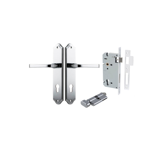 Door Lever Annecy Shouldered Euro Polished Chrome CTC85mm H240xW50xP65mm Entrance Kit, Mortice Lock Euro Polished Chrome CTC85mm Backset 60mm, Euro Cylinder Key Thumb 6 Pin Polished Chrome L70mm KA1 in Polished Chrome