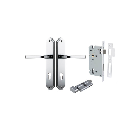 Door Lever Annecy Shouldered Euro Polished Chrome CTC85mm H240xW50xP65mm Entrance Kit Mortice Lock Euro Polished Chrome CTC85mm Backset 60mm, Euro Cylinder Key Thumb 6 Pin Polished Chrome L70mm KA1 in Polished Chrome