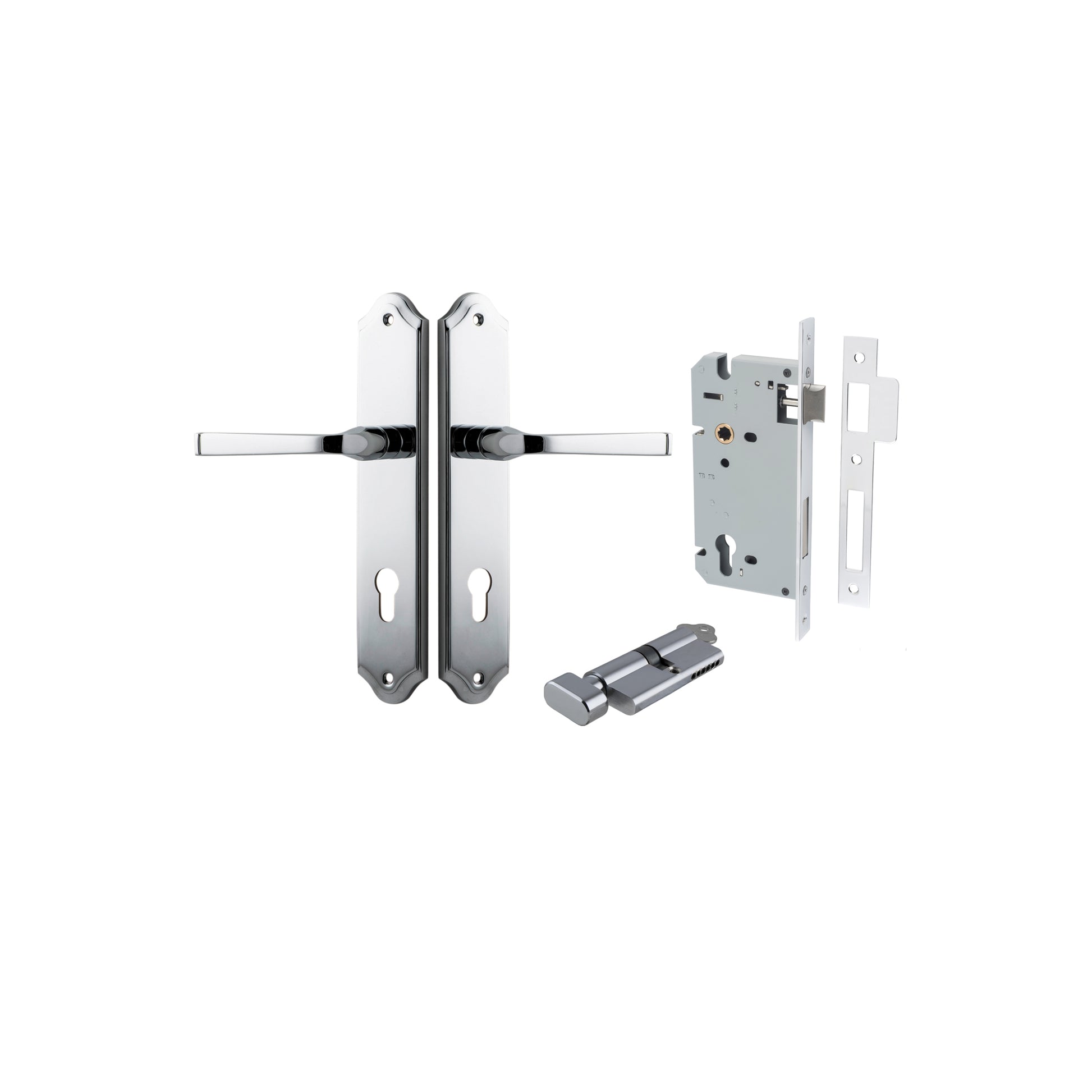 Door Lever Annecy Shouldered Euro Polished Chrome CTC85mm H240xW50xP65mm Entrance Kit, Mortice Lock Euro Polished Chrome CTC85mm Backset 60mm, Euro Cylinder Key Thumb 6 Pin Polished Chrome L70mm KA1 in Polished Chrome